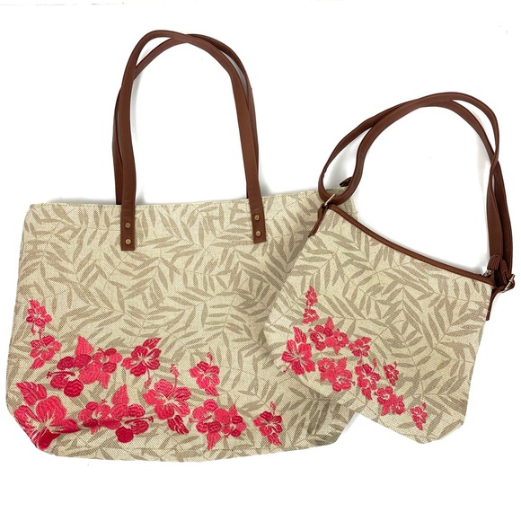 Embroidered Flowered Tan & Pink Jute Tote & Purse NWOT - Picture 1 of 13